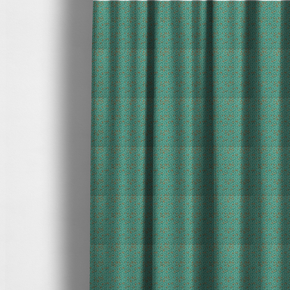 The fabric used to create these made-to-measure curtains is a teal and off-white textile fabric featuring a small-scale, densely repeating interlocking geometric pattern. Fine off-white outlines construct complex, three-dimensional isometric block formations against a deep teal background. Distressed, brown-speckled textures are integrated throughout, creating a weathered, organic contrast to the sharp geometric structure.