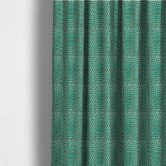 The fabric used to create these made-to-measure curtains is a teal and off-white textile fabric featuring a small-scale, densely repeating interlocking geometric pattern. Fine off-white outlines construct complex, three-dimensional isometric block formations against a deep teal background. Distressed, brown-speckled textures are integrated throughout, creating a weathered, organic contrast to the sharp geometric structure.