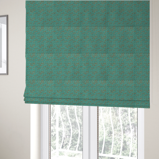 The fabric used to create these Roman blinds is a teal and off-white textile fabric featuring a small-scale, densely repeating interlocking geometric pattern. Fine off-white outlines construct complex, three-dimensional isometric block formations against a deep teal background. Distressed, brown-speckled textures are integrated throughout, creating a weathered, organic contrast to the sharp geometric structure.