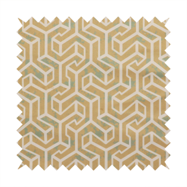 A beige and off-white textile fabric featuring a repeating, interlocking geometric pattern. The design consists of off-white outlines forming three-dimensional, isometric maze-like structures against a warm beige background. Distressed, pale green-blue speckled textures are subtly scattered throughout the beige spaces, giving the structured, geometric layout a weathered, organic touch.