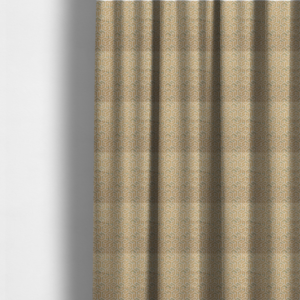 The fabric used to create these made-to-measure curtains is a beige and off-white textile fabric featuring a repeating, interlocking geometric pattern. The design consists of off-white outlines forming three-dimensional, isometric maze-like structures against a warm beige background. Distressed, pale green-blue speckled textures are subtly scattered throughout the beige spaces, giving the structured, geometric layout a weathered, organic touch.