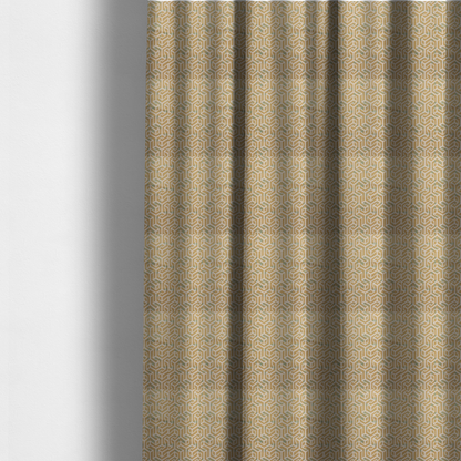 The fabric used to create these made-to-measure curtains is a beige and off-white textile fabric featuring a repeating, interlocking geometric pattern. The design consists of off-white outlines forming three-dimensional, isometric maze-like structures against a warm beige background. Distressed, pale green-blue speckled textures are subtly scattered throughout the beige spaces, giving the structured, geometric layout a weathered, organic touch.