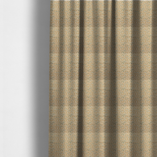 The fabric used to create these made-to-measure curtains is a beige and off-white textile fabric featuring a repeating, interlocking geometric pattern. The design consists of off-white outlines forming three-dimensional, isometric maze-like structures against a warm beige background. Distressed, pale green-blue speckled textures are subtly scattered throughout the beige spaces, giving the structured, geometric layout a weathered, organic touch.