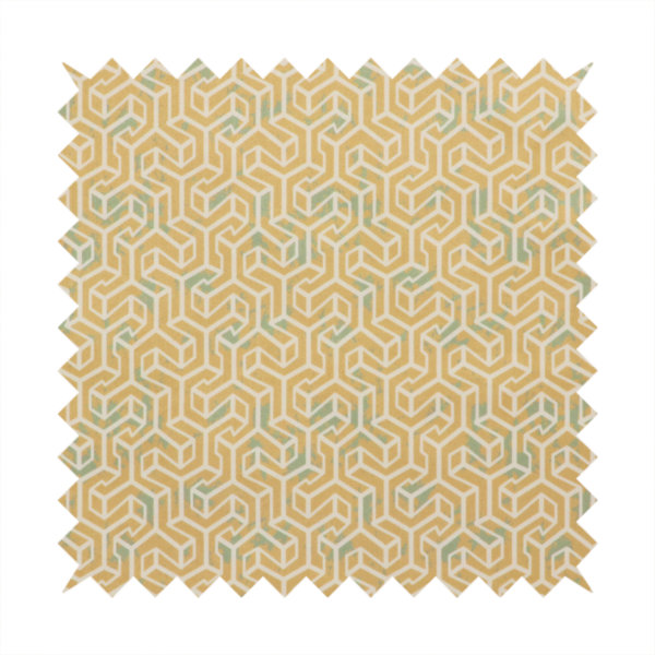 A beige and off-white textile fabric featuring a small-scale, densely repeating interlocking geometric pattern. Fine off-white outlines construct complex, three-dimensional isometric block formations against a warm beige background. Distressed, pale green-blue speckled textures are integrated throughout, creating a weathered, organic contrast to the sharp geometric structure.