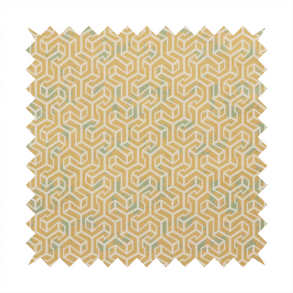 A beige and off-white textile fabric featuring a small-scale, densely repeating interlocking geometric pattern. Fine off-white outlines construct complex, three-dimensional isometric block formations against a warm beige background. Distressed, pale green-blue speckled textures are integrated throughout, creating a weathered, organic contrast to the sharp geometric structure.