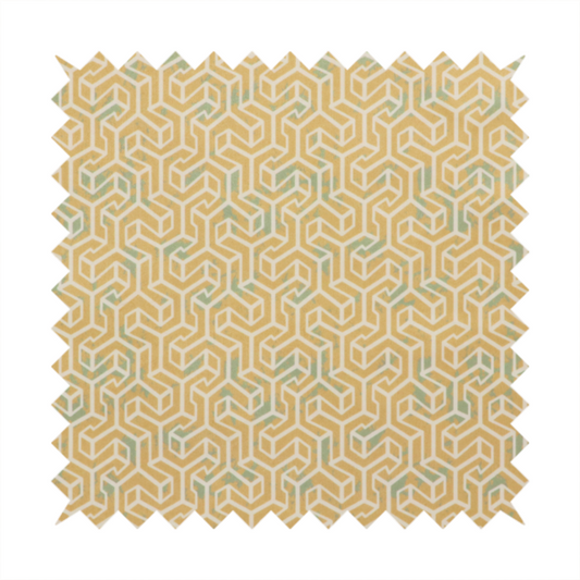 A beige and off-white textile fabric featuring a small-scale, densely repeating interlocking geometric pattern. Fine off-white outlines construct complex, three-dimensional isometric block formations against a warm beige background. Distressed, pale green-blue speckled textures are integrated throughout, creating a weathered, organic contrast to the sharp geometric structure.