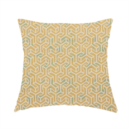 The fabric used to create this handmade cushion is a beige and off-white textile fabric featuring a small-scale, densely repeating interlocking geometric pattern. Fine off-white outlines construct complex, three-dimensional isometric block formations against a warm beige background. Distressed, pale green-blue speckled textures are integrated throughout, creating a weathered, organic contrast to the sharp geometric structure.