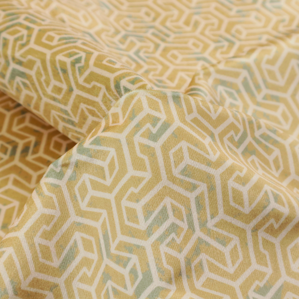 A beige and off-white textile fabric featuring a small-scale, densely repeating interlocking geometric pattern. Fine off-white outlines construct complex, three-dimensional isometric block formations against a warm beige background. Distressed, pale green-blue speckled textures are integrated throughout, creating a weathered, organic contrast to the sharp geometric structure.