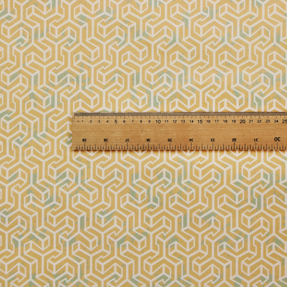 A beige and off-white textile fabric featuring a small-scale, densely repeating interlocking geometric pattern. Fine off-white outlines construct complex, three-dimensional isometric block formations against a warm beige background. Distressed, pale green-blue speckled textures are integrated throughout, creating a weathered, organic contrast to the sharp geometric structure.