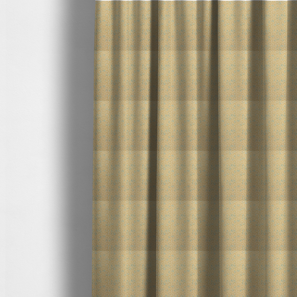 The fabric used to create these made-to-measure curtains is a  beige and off-white textile fabric featuring a small-scale, densely repeating interlocking geometric pattern. Fine off-white outlines construct complex, three-dimensional isometric block formations against a warm beige background. Distressed, pale green-blue speckled textures are integrated throughout, creating a weathered, organic contrast to the sharp geometric structure.