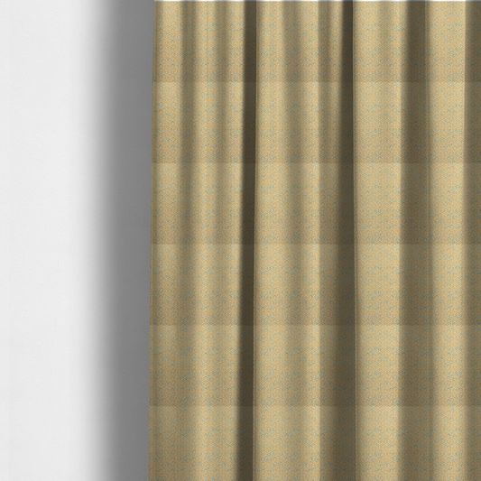 The fabric used to create these made-to-measure curtains is a  beige and off-white textile fabric featuring a small-scale, densely repeating interlocking geometric pattern. Fine off-white outlines construct complex, three-dimensional isometric block formations against a warm beige background. Distressed, pale green-blue speckled textures are integrated throughout, creating a weathered, organic contrast to the sharp geometric structure.