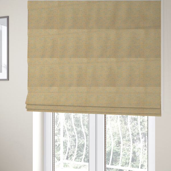 The fabric used to create these made-to-measure curtains is a  beige and off-white textile fabric featuring a small-scale, densely repeating interlocking geometric pattern. Fine off-white outlines construct complex, three-dimensional isometric block formations against a warm beige background. Distressed, pale green-blue speckled textures are integrated throughout, creating a weathered, organic contrast to the sharp geometric structure.