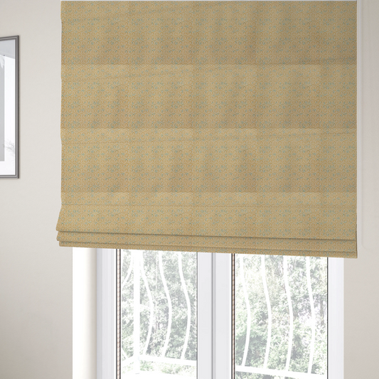 The fabric used to create these made-to-measure curtains is a  beige and off-white textile fabric featuring a small-scale, densely repeating interlocking geometric pattern. Fine off-white outlines construct complex, three-dimensional isometric block formations against a warm beige background. Distressed, pale green-blue speckled textures are integrated throughout, creating a weathered, organic contrast to the sharp geometric structure.