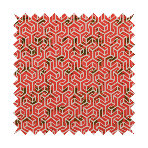 A coral red and off-white textile fabric featuring a small-scale, densely repeating interlocking geometric pattern. Fine off-white outlines construct complex, three-dimensional isometric block formations against a vibrant coral red background. Distressed, dark brown speckled textures are integrated throughout, creating a weathered, organic contrast to the sharp geometric structure.