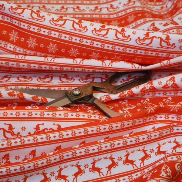 Traditional Red Holiday Border Stripe Print Upholstery Fabric DP-56