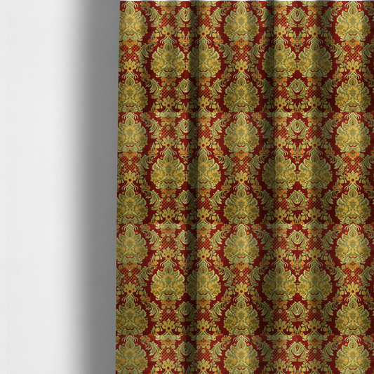 The fabric used to create these made-to-measure curtains is a ornate damask fabric featuring large, symmetrical floral medallions in shades of sage green, golden ochre, and muted orange.