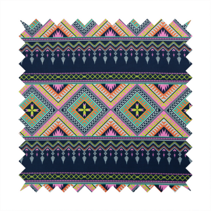 A vibrant, repeating geometric Aztec or tribal fabric pattern organized in horizontal bands. The design features alternating wide stripes of colourful diamond and zigzag motifs against narrower dark navy bands filled with intricate chevron and tassel-like embroidery accents.
