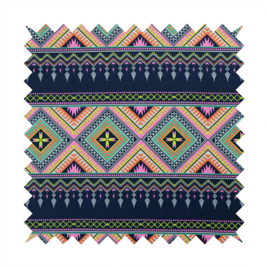 A vibrant, repeating geometric Aztec or tribal fabric pattern organized in horizontal bands. The design features alternating wide stripes of colourful diamond and zigzag motifs against narrower dark navy bands filled with intricate chevron and tassel-like embroidery accents.