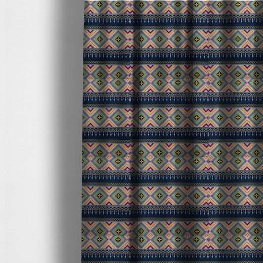 The fabric used to create these made-to-measure curtains is a vibrant, repeating geometric Aztec or tribal fabric pattern organized in horizontal bands. The design features alternating wide stripes of colourful diamond and zigzag motifs against narrower dark navy bands filled with intricate chevron and tassel-like embroidery accents.