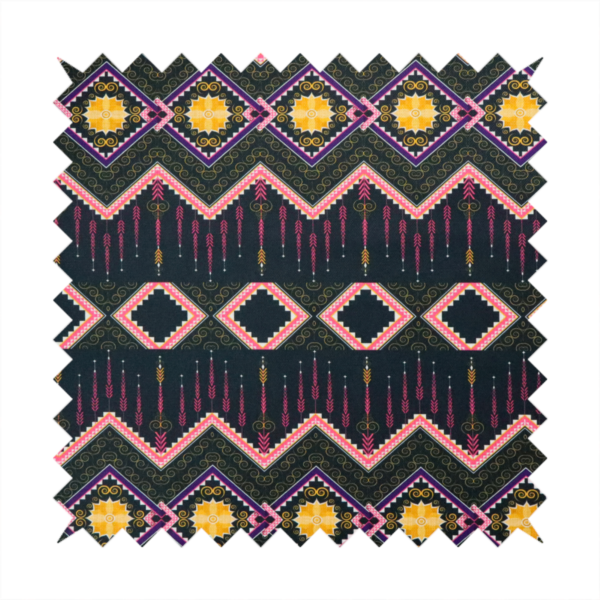 An intricate, repeating tribal fabric pattern set against a dark charcoal-black background, featuring horizontal bands of detailed geometric, ikat, and ornate line art motifs.