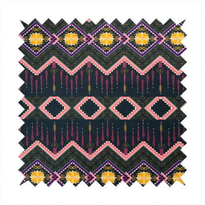 An intricate, repeating tribal fabric pattern set against a dark charcoal-black background, featuring horizontal bands of detailed geometric, ikat, and ornate line art motifs.