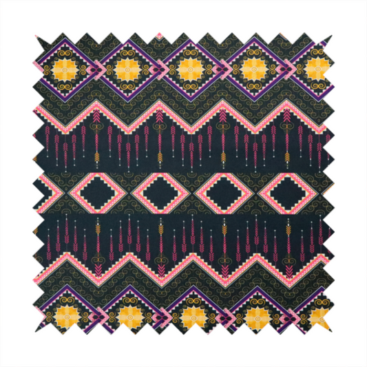 An intricate, repeating tribal fabric pattern set against a dark charcoal-black background, featuring horizontal bands of detailed geometric, ikat, and ornate line art motifs.