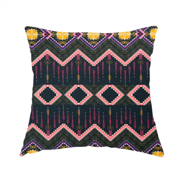 The fabric used to create this handmade cushion is a intricate, repeating tribal fabric pattern set against a dark charcoal-black background, featuring horizontal bands of detailed geometric, ikat, and ornate line art motifs.