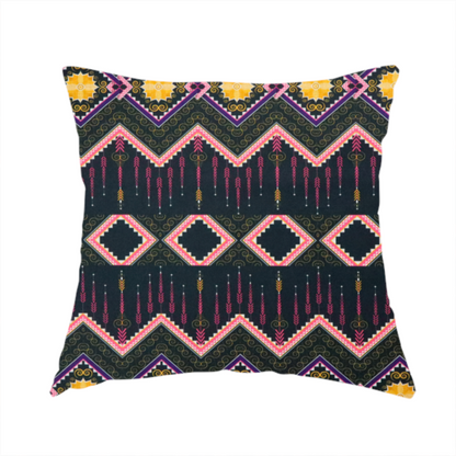 The fabric used to create this handmade cushion is a intricate, repeating tribal fabric pattern set against a dark charcoal-black background, featuring horizontal bands of detailed geometric, ikat, and ornate line art motifs.