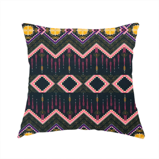 The fabric used to create this handmade cushion is a intricate, repeating tribal fabric pattern set against a dark charcoal-black background, featuring horizontal bands of detailed geometric, ikat, and ornate line art motifs.
