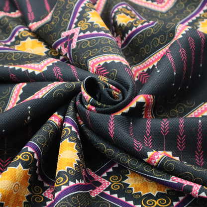 An intricate, repeating tribal fabric pattern set against a dark charcoal-black background, featuring horizontal bands of detailed geometric, ikat, and ornate line art motifs.