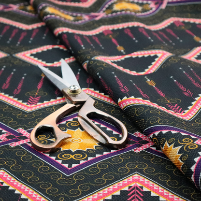 An intricate, repeating tribal fabric pattern set against a dark charcoal-black background, featuring horizontal bands of detailed geometric, ikat, and ornate line art motifs.