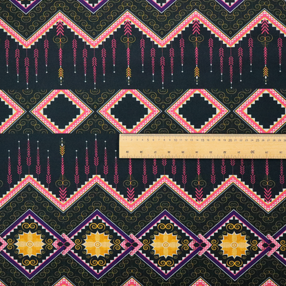 An intricate, repeating tribal fabric pattern set against a dark charcoal-black background, featuring horizontal bands of detailed geometric, ikat, and ornate line art motifs.