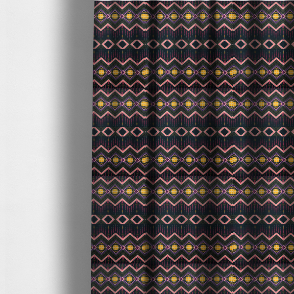 The fabric used to create these made-to-measure curtains is a intricate, repeating tribal fabric pattern set against a dark charcoal-black background, featuring horizontal bands of detailed geometric, ikat, and ornate line art motifs.