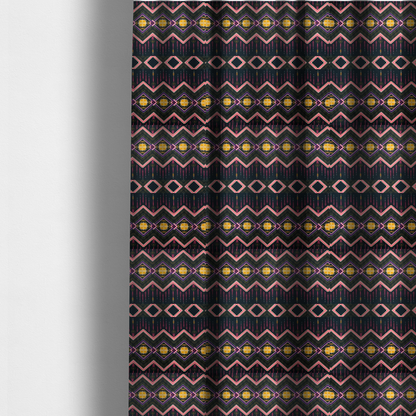 The fabric used to create these made-to-measure curtains is a intricate, repeating tribal fabric pattern set against a dark charcoal-black background, featuring horizontal bands of detailed geometric, ikat, and ornate line art motifs.