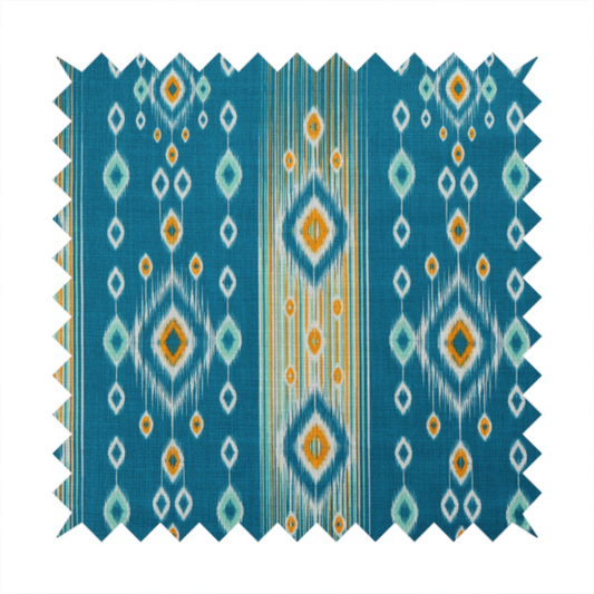 A seamless, vertically striped ikat fabric pattern with traditional blurred or feathered edges set against a rich teal backdrop.