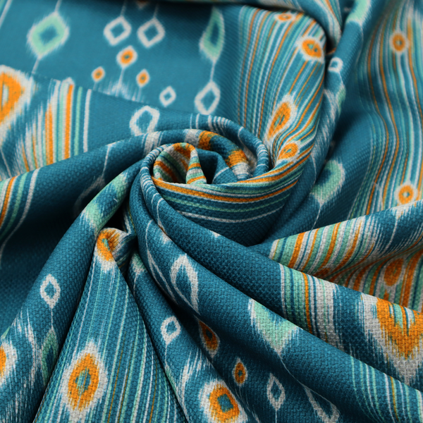 A seamless, vertically striped ikat fabric pattern with traditional blurred or feathered edges set against a rich teal backdrop.