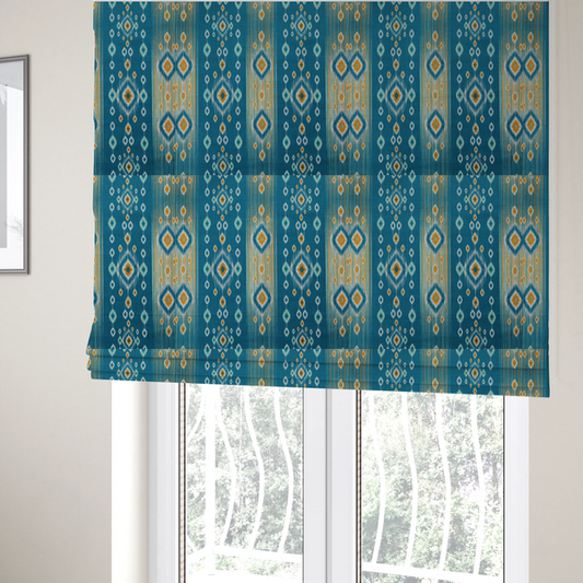 The fabric used to create these Roman blinds is a seamless, vertically striped ikat fabric pattern with traditional blurred or feathered edges set against a rich teal backdrop.