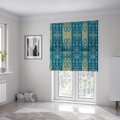 The fabric used to create these Roman blinds is a seamless, vertically striped ikat fabric pattern with traditional blurred or feathered edges set against a rich teal backdrop.