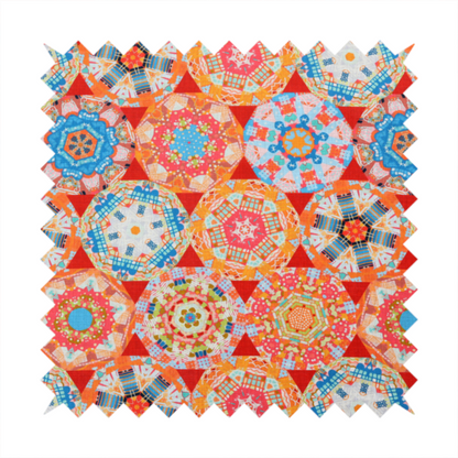 A vibrant, kaleidoscope-inspired fabric pattern composed of interlocking circular and octagonal medallions set against a rich, fiery red-orange background.
