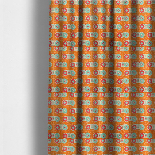 The fabric used to create these made-to-measure curtains is a playful, retro-inspired repeating fabric pattern featuring classic video game controllers connected by winding cord lines set against a warm orange background.