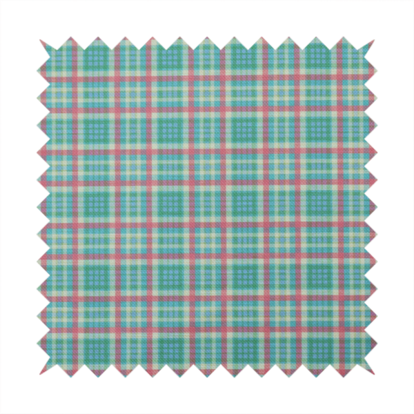 This fabric features a woven plaid pattern consisting of intersecting horizontal and vertical stripes in shades of teal, soft pink, light blue, and cream. The pattern creates a series of repeated squares and rectangles across the surface.