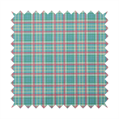 This fabric features a woven plaid pattern consisting of intersecting horizontal and vertical stripes in shades of teal, soft pink, light blue, and cream. The pattern creates a series of repeated squares and rectangles across the surface.