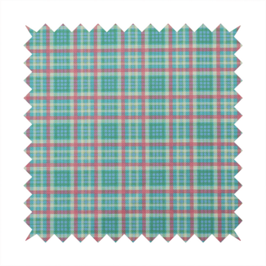 This fabric features a woven plaid pattern consisting of intersecting horizontal and vertical stripes in shades of teal, soft pink, light blue, and cream. The pattern creates a series of repeated squares and rectangles across the surface.