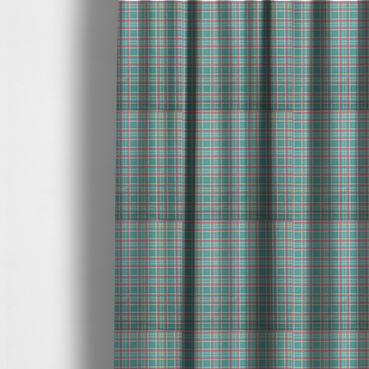 The fabric used to create these made-to-measure curtains is a fabric features a woven plaid pattern consisting of intersecting horizontal and vertical stripes in shades of teal, soft pink, light blue, and cream. The pattern creates a series of repeated squares and rectangles across the surface.