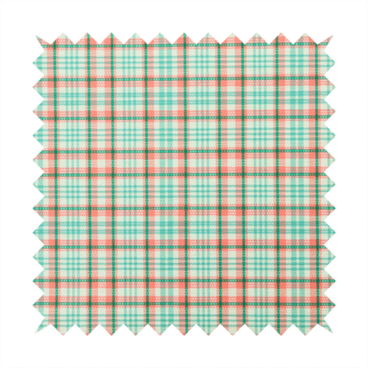 This fabric features a woven plaid pattern with a grid of intersecting horizontal and vertical stripes in coral, aqua, and dark green over a cream-colored background.