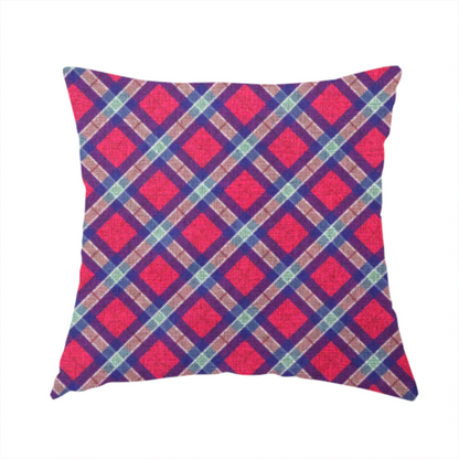 The fabric used to create this handmade cushion is a fabric features a diagonal plaid pattern, creating a diamond-shaped grid. The design is composed of bold magenta squares framed by dark blue and thin white intersecting lines.