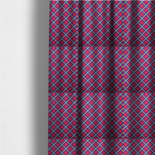 The fabric used to create these made-to-measure curtains is a fabric features a diagonal plaid pattern, creating a diamond-shaped grid. The design is composed of bold magenta squares framed by dark blue and thin white intersecting lines.