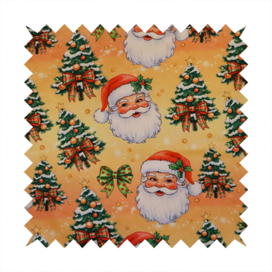 Golden Glow Jolly Santa and Christmas Tree Fabric Upholstery Fabric DP-57