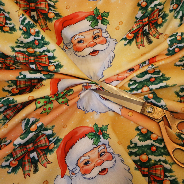Golden Glow Jolly Santa and Christmas Tree Fabric Upholstery Fabric DP-57