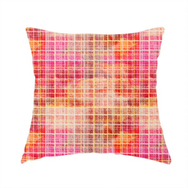 The fabric used to create this handmade cushion is a fabric features an intricate, layered plaid pattern that blends warm tones of red, orange, yellow, and deep pink. The design has a slightly blurred, watercolour effect with a dense grid of fine white and gold lines overlapping the vibrant colours.